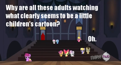 Size: 849x462 | Tagged: safe, edit, edited screencap, screencap, apple bloom, berry punch, berryshine, cherry berry, cloud kicker, doctor whooves, minuette, scootaloo, sweetie belle, time turner, twinkleshine, g4, one bad apple, caption, cutie mark crusaders, image macro, imge macro, recursion