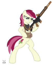 Size: 2767x3376 | Tagged: safe, artist:shadawg, roseluck, pony, g4, ar-15, eotech, female, gun, holographic sight, pun, rifle, simple background, solo, suppressor, transparent background, weapon, who needs trigger fingers