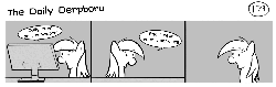 Size: 1604x506 | Tagged: safe, artist:tetrapony, derpy hooves, pegasus, pony, comic:the daily derp, derpibooru, g4, animated, comic, female, grayscale, mare, monochrome, the daily derpboru