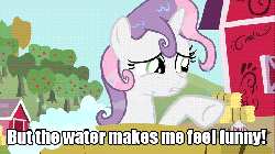 Size: 700x394 | Tagged: safe, edit, edited screencap, screencap, sweetie belle, pony, robot, unicorn, friendship is witchcraft, g4, one bad apple, animated, apple tree, bath, caption, eyes closed, female, filly, foal, gif, hilarious in hindsight, hooves, horn, image macro, meme, open mouth, outdoors, solo, sweetie bot, teeth, text, tree, water, wet mane