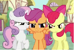 Size: 588x393 | Tagged: safe, screencap, apple bloom, applejack, scootaloo, sweetie belle, earth pony, pegasus, pony, unicorn, g4, one bad apple, season 3, animated, apple bloom's bow, bow, cutie mark crusaders, evil, evil laugh, evil smile, female, filly, foal, gif, glare, grin, group, hair bow, laughing, mare, nudge, offscreen character, open mouth, poking, quartet, smiling, spread wings, trio focus, wings