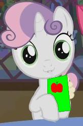 Size: 184x281 | Tagged: safe, edit, screencap, sweetie belle, g4, one bad apple, :3, cropped, juice box, looking at you, smiling