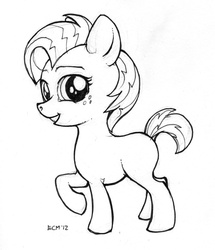 Size: 1171x1364 | Tagged: safe, artist:ecmajor, babs seed, earth pony, pony, g4, one bad apple, dock, female, filly, foal, freckles, looking at you, monochrome, raised hoof, signature, simple background, smiling, solo, standing, white background
