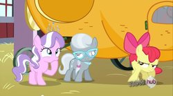 Size: 854x474 | Tagged: safe, screencap, apple bloom, diamond tiara, silver spoon, g4, one bad apple, derp, glasses
