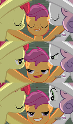 Size: 498x837 | Tagged: safe, edit, edited screencap, screencap, apple bloom, scootaloo, sweetie belle, g4, one bad apple, backlighting, female, filly, foal, lip bite, out of context