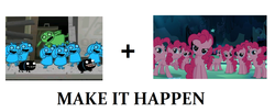 Size: 1414x579 | Tagged: safe, pinkie pie, g4, all caps, exploitable meme, make it happen, making fiends, meme, meta, mirror pool