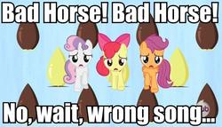 Size: 814x466 | Tagged: safe, edit, edited screencap, screencap, apple bloom, scootaloo, sweetie belle, g4, one bad apple, bad horse, caption, cutie mark crusaders, dr. horrible's sing-along blog, image macro