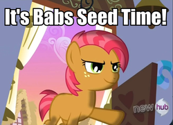 Size: 654x471 | Tagged: safe, edit, edited screencap, screencap, babs seed, earth pony, pony, g4, one bad apple, caption, female, filly, goofy time, image macro, meme, solo, text