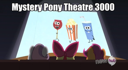 Size: 848x466 | Tagged: safe, edit, edited screencap, screencap, apple bloom, scootaloo, sweetie belle, g4, one bad apple, caption, cutie mark crusaders, hub logo, image macro, let's all go to the lobby, meme, mystery science theater 3000, theater