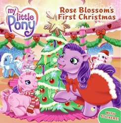 Size: 490x500 | Tagged: safe, artist:carlo loraso, candy cane (g3), kimono, mittens (g3), rose blossom, snowflake (g3), g3, official, book, book cover, bow, cape, christmas, christmas tree, clothes, cover, decoration, female, filly, foal, hat, heart, heart eyes, holiday, mare, official book, ornaments, rose blossom's first christmas, santa hat, scarf, snow, snowfall, snowflake, socks, stars, tree, wingding eyes