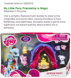 Size: 384x424 | Tagged: safe, rainbow dash, scootaloo, dog, skunk, g4, my little pony: friendship is magic, sleepless in ponyville, animal, brushable, camping, female, fire, food, irl, lantern, marshmallow, mug, photo, puppy, synopsis, tent, text, toy