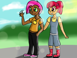 Size: 800x600 | Tagged: safe, artist:arianalovesyou, apple bloom, babs seed, human, g4, my little pony: friendship is magic, one bad apple, boots, clothes, cousins, dark skin, duo, freckles, human coloration, humanized, overalls, shoes, smiling