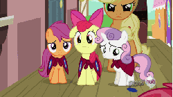 Size: 576x324 | Tagged: safe, screencap, apple bloom, applejack, babs seed, scootaloo, sweetie belle, g4, one bad apple, season 3, angry, animated, applejack is not amused, cutie mark crusaders, female, filly, hey you, surprised, unamused