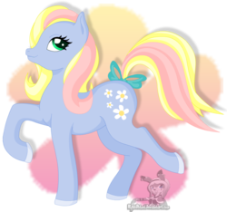 Size: 1067x1000 | Tagged: safe, artist:nightottsel, earth pony, pony, g1, g2, g3, g4, bow, g5 speculation, raised hoof, smiling, solo, speculation, tail, tail bow