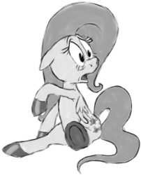 Size: 900x1114 | Tagged: safe, artist:stinkek, fluttershy, pony, g4, female, floppy ears, folded wings, looking away, monochrome, oldschool cartoon, open mouth, raised hoof, simple background, sitting, solo, white background, wide eyes