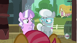 Size: 576x324 | Tagged: safe, screencap, babs seed, diamond tiara, silver spoon, g4, one bad apple, animated, female, gif, glasses, male, scared