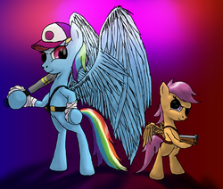 Size: 2340x1980 | Tagged: safe, artist:aaronmk, rainbow dash, scootaloo, g4, baseball bat, gun, scout (tf2), scoutaloo, shotgun, team fortress 2, weapon