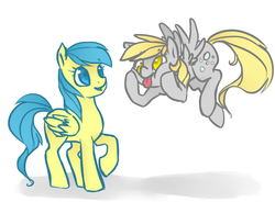 Size: 720x530 | Tagged: safe, artist:xarakayx, derpy hooves, sunshower raindrops, pegasus, pony, g4, :p, female, mare, tongue out