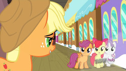 Size: 1269x716 | Tagged: safe, screencap, apple bloom, applejack, scootaloo, sweetie belle, g4, my little pony: friendship is magic, one bad apple, cutie mark crusaders, lidded eyes, out of context, train