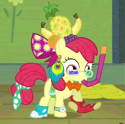 Size: 500x497 | Tagged: safe, screencap, apple bloom, earth pony, pony, g4, one bad apple, animated, banana, clothes, costume, female, fruit, pineapple, silly costume, snorkel