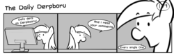Size: 1280x404 | Tagged: safe, artist:tetrapony, derpy hooves, pegasus, pony, comic:the daily derp, derpibooru, g4, comic, female, fourth wall, grayscale, mare, monochrome, the daily derpboru