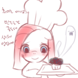 Size: 500x500 | Tagged: safe, pinkie pie, ghost, ask young pinkamena, g4, ask, baked bads, blushing, cupcake, food, korean, pinkamena diane pie, younger