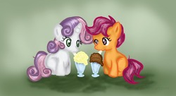 Size: 695x378 | Tagged: dead source, safe, artist:chiuuchiuu, scootaloo, sweetie belle, pony, g4, female, filly, milkshake