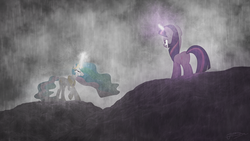Size: 1920x1080 | Tagged: safe, artist:jamey4, princess celestia, twilight sparkle, alicorn, pony, unicorn, g4, butt, confrontation, crying, duo, ethereal mane, fanfic, female, fight, magic, mare, plot, rain, series finale, this will end in incineration, twilight is anakin, unicorn twilight, wallpaper