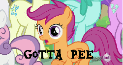 Size: 576x307 | Tagged: safe, edit, edited screencap, screencap, amethyst star, bon bon, scootaloo, sparkler, spring melody, sprinkle medley, sweetie belle, sweetie drops, earth pony, pony, g4, one bad apple, season 3, animated, caption, cute, cutealoo, desperation, female, gif, hub logo, hubble, need to pee, omorashi, potty dance, potty time, text, trotting, trotting in place