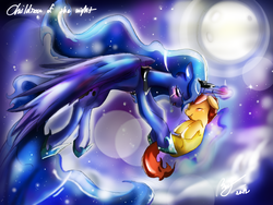 Size: 2000x1500 | Tagged: safe, artist:dishwasher1910, princess luna, scootaloo, g4, cloud, cloudy, crying, moon, text