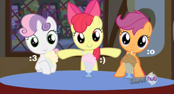 Size: 683x370 | Tagged: safe, screencap, apple bloom, scootaloo, sweetie belle, g4, one bad apple, :3, :o, cute, cutie mark crusaders, milkshake, smiley face