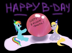 Size: 900x654 | Tagged: safe, artist:beatnikzombeez, derpy hooves, rainbow dash, pegasus, pony, g4, balloon, blowing up balloons, female, hat, inflation, mare, party hat