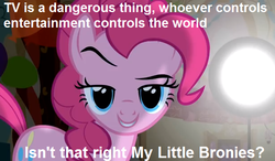 Size: 613x358 | Tagged: safe, pinkie pie, g4, bronybait, caption, evil, image macro, oh no, pure unfiltered evil