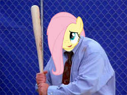 Size: 500x375 | Tagged: safe, edit, fluttershy, human, g4, baseball bat, costanza face, crossover, face, female, george costanza, irl, irl human, ishygddt, parody, photo, seinfeld, solo