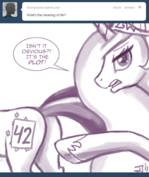 Size: 650x769 | Tagged: safe, artist:johnjoseco, princess celestia, twilight sparkle, alicorn, pony, ask princess molestia, princess molestia, fall weather friends, g4, 42, ask, butt, comic, female, hitchhiker's guide to the galaxy, plot, tumblr