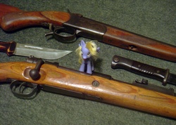 Size: 1000x711 | Tagged: safe, derpy hooves, pegasus, pony, g4, brushable, female, gun, irl, kar98, knife, mare, photo, rifle, shotgun, toy