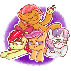 Size: 3000x3000 | Tagged: safe, artist:kupomoty, apple bloom, babs seed, scootaloo, sweetie belle, g4, one bad apple, cutie mark crusaders