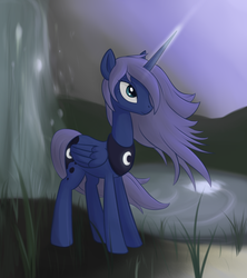 Size: 1292x1457 | Tagged: safe, artist:sokolas, princess luna, pony, g4, female, pond, solo, waterfall