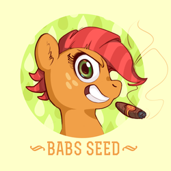 Size: 1280x1280 | Tagged: safe, artist:zonkpunch, babs seed, pony, g4, one bad apple, cigar, female, solo
