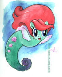 Size: 600x745 | Tagged: safe, artist:amy mebberson, sea pony, seahorse, ariel, disney, disney princess, ocean, ponified, scales, seashell, shoo be doo, solo, swimming, the little mermaid, traditional art, underwater, water