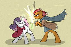 Size: 700x469 | Tagged: safe, artist:jalm, babs seed, sweetie belle, pony, g4, one bad apple, bipedal, clothes, fight, levitation, magic, sword, telekinesis, weapon