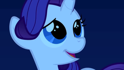 Size: 500x281 | Tagged: safe, screencap, rarity, pony, unicorn, g4, the cutie mark chronicles, blue background, cute, female, filly, looking back, mare, night, raised eyebrow, raribetes, simple background, smiling, solo, younger
