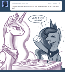 Size: 700x778 | Tagged: safe, artist:johnjoseco, princess celestia, princess luna, alicorn, pony, ask princess molestia, princess molestia, g4, ask, board game, comic, tumblr