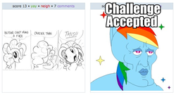 Size: 533x287 | Tagged: safe, pinkie pie, rainbow dash, g4, my little pony: friendship is magic, too many pinkie pies, challenge accepted, exploitable meme, handsome squidward, image macro, juxtaposition, juxtaposition win, kturtle, the two faces of squidward