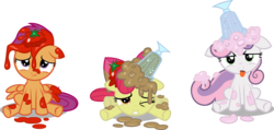 Size: 6278x3000 | Tagged: safe, artist:firestorm-can, apple bloom, scootaloo, sweetie belle, earth pony, pegasus, pony, unicorn, g4, one bad apple, cutie mark crusaders, female, filly, messy, milkshake, simple background, tomato, transparent background, vector