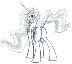 Size: 931x822 | Tagged: safe, artist:derkrazykraut, princess celestia, alicorn, pony, g4, bridle, butt, female, mare, monochrome, plot, saddle, sketch, solo, tail wrap