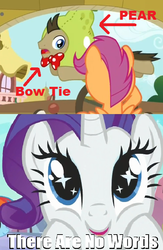 Size: 454x697 | Tagged: safe, doctor whooves, rarity, scootaloo, time turner, g4, one bad apple, bowtie, doctor who, pear, reference