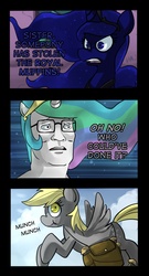 Size: 700x1300 | Tagged: safe, artist:uc77, derpy hooves, princess celestia, princess luna, pegasus, pony, g4, comic, female, glasses, hank hill, king of the hill, mare, parody