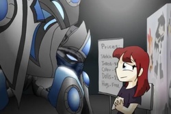 Size: 960x640 | Tagged: safe, artist:alfa995, protoss, awesome con, chair, convention, crossover, eye contact, gray background, lauren faust, lidded eyes, looking at each other, simple background, sitting, size difference, smiling, stalker, stalking, starcraft, starcraft 2, tara strong, text, youtube link