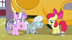 Size: 1600x900 | Tagged: safe, screencap, apple bloom, diamond tiara, silver spoon, g4, one bad apple, derp, hub logo